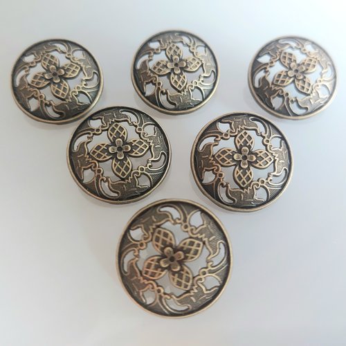 6 boutons ronds 23 mm métal coloris bronze