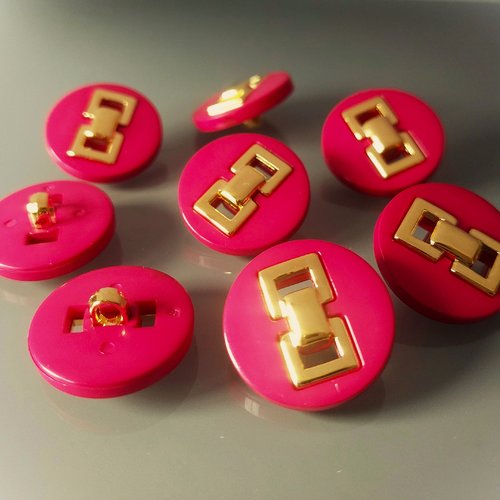 8 boutons ronds 23 mm plastique rose fuchsia et doré