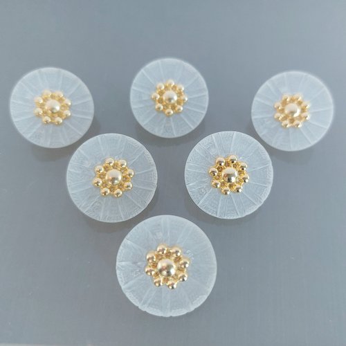 6 boutons ronds 20 mm plastique translucide et centre doré