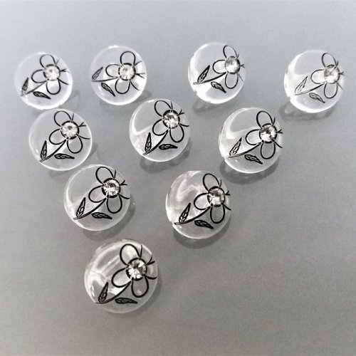 10 boutons transparents 12 mm gravés fleur noire avec coeur en strass