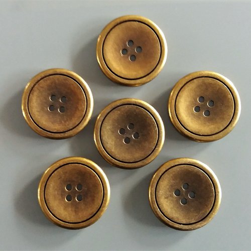 6 boutons ronds 28 mm métal coloris bronze