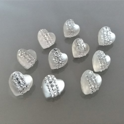 10 boutons coeurs gris avec strass