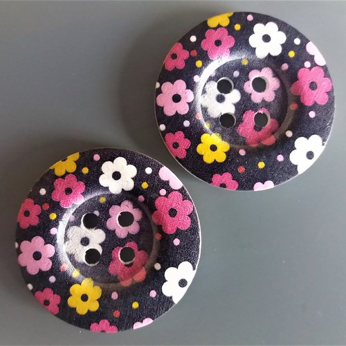 2 gros boutons bois 5 cm imprimés fleurs
