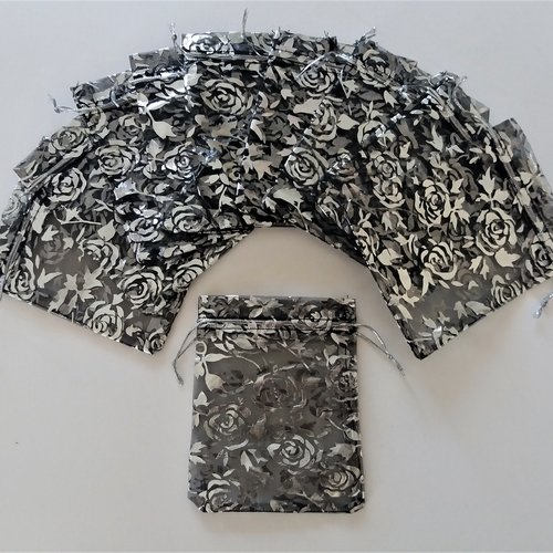 10 sachets 12cm x 10cm organza noir motif argenté