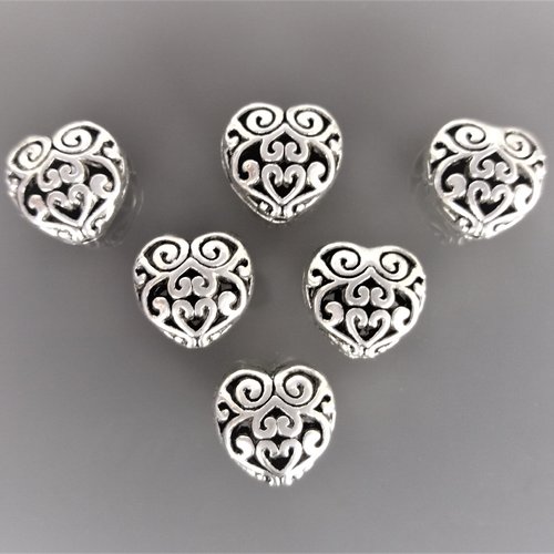 6 perles cœurs 13 mm en métal coloris argent