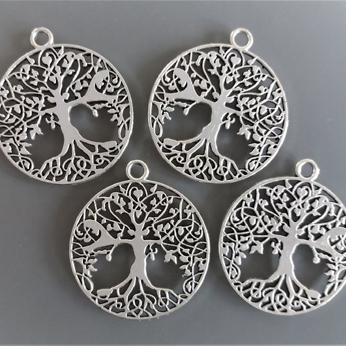 4 pendentifs ronds 34 mm arbre de vie métal coloris argent