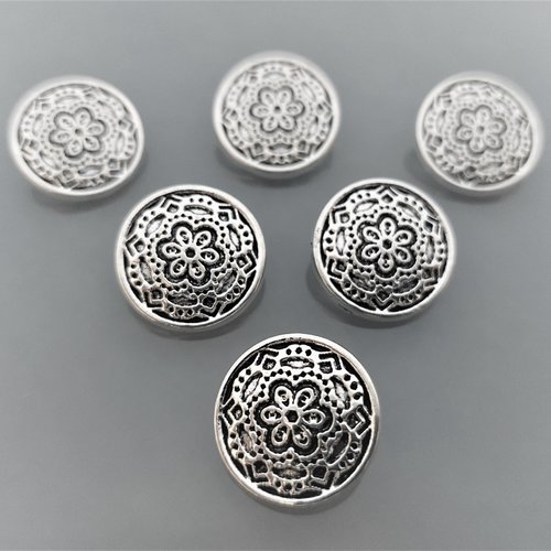 6 boutons ronds 19 mm métal gravé coloris argent