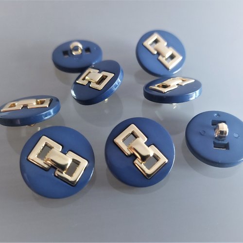 8 boutons ronds 23 mm plastique bleu et doré