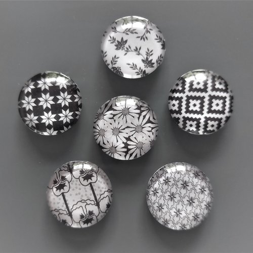 6 cabochons ronds en verre 20 mm motifs noir et blanc