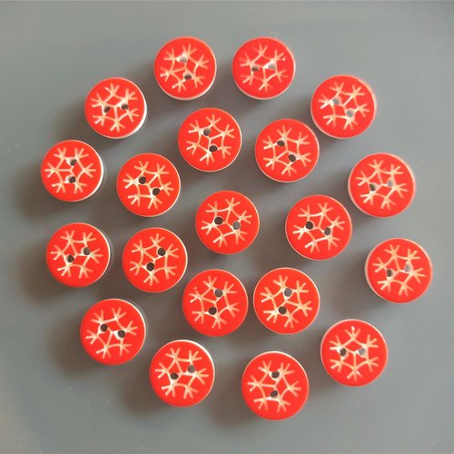 20 boutons ronds 13 mm motif rouge et blanc