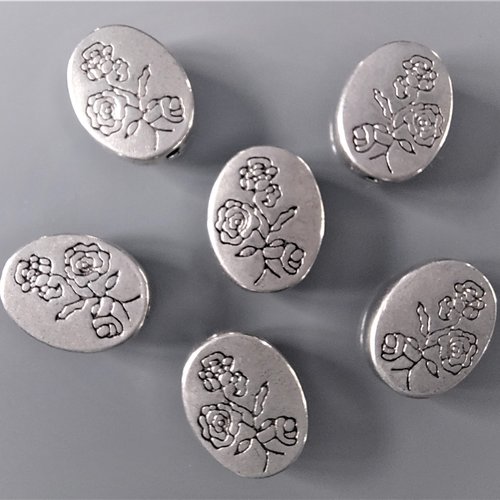 6 perles ovales gravées fleurs métal coloris argent