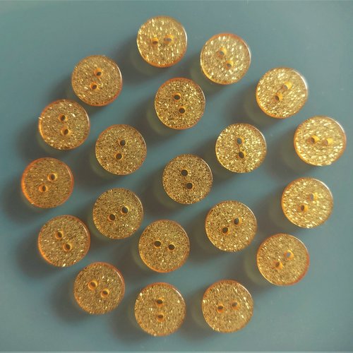 20 boutons ronds 12 mm jaunes transparents avec paillettes dorées