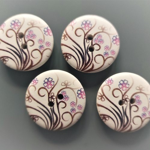 4 gros boutons bois blanc 3 cm imprimés fleurs colorées et arabesques