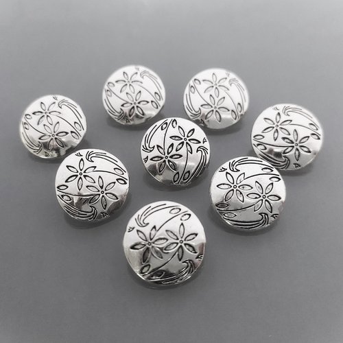 8 boutons ronds 17 mm métal gravé coloris argent