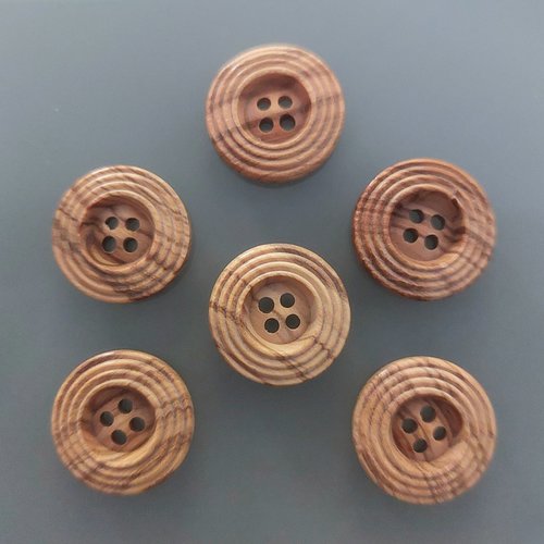 6 boutons bois rainurés ronds 20 mm 4 trous