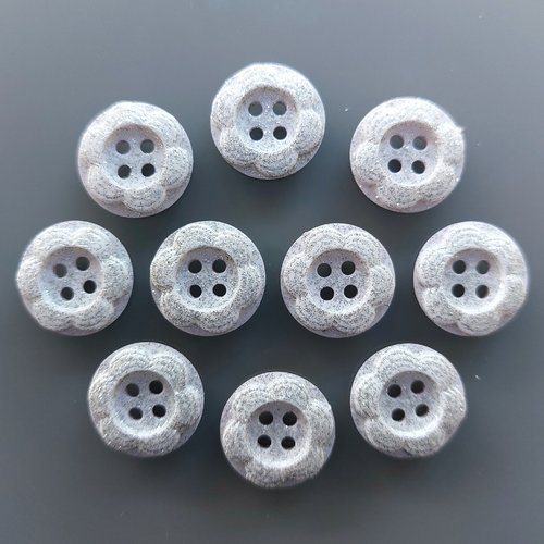 10 boutons fleurs 15 mm plastique mauve pâle et paillettes argentées