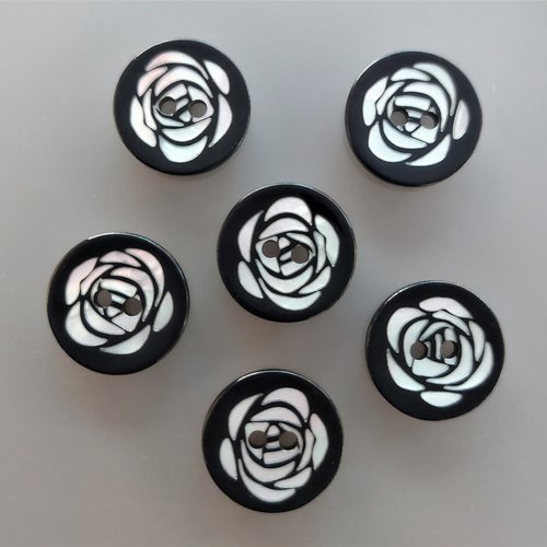 6 boutons 18 mm noirs avec fleur nacre