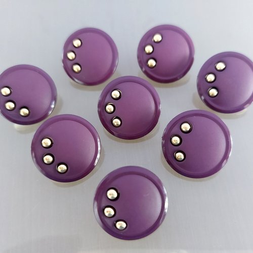 8 boutons ronds fantaisies 20 mm plastique violet et doré
