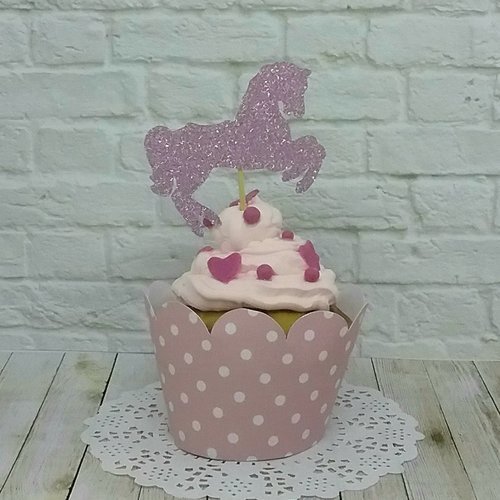10 décorations pour petits gâteaux- toppers cheval carrousel manège glitter rose