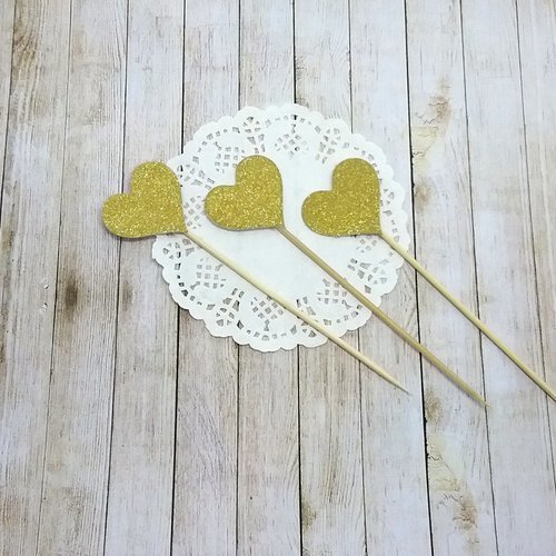 10 décorations pour petits gâteaux (cupcakes toppers )- cœurs dorés à paillettes montés sur pic pour décoration de gateaux