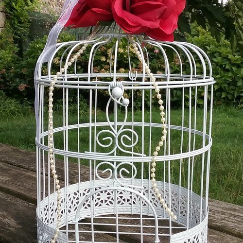 Urne en forme de cage à oiseaux en métal blanc  pour mariage ou baptême