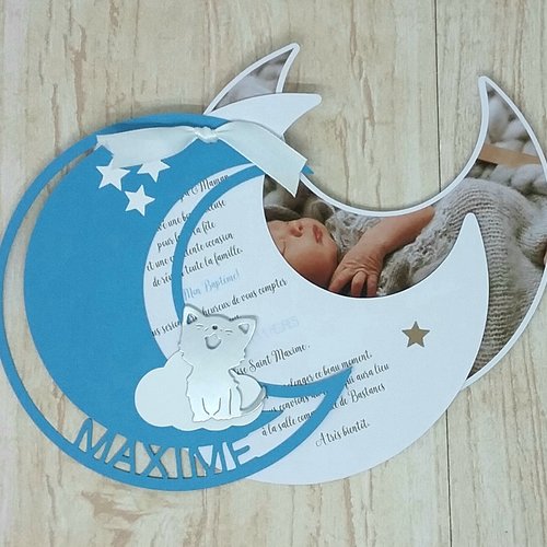 Faire-part couleurs et votre texte personnalisés sur le thème de la lune et petit chat +photo de votre enfant