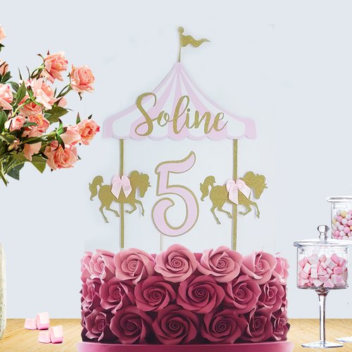 Topper cake carrousel manège fête foraine + prénom et âge décoration pour  gâteau pailleté - Un grand marché