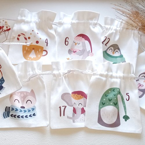 Lot de 24 pochons en tissu numérotés pour calendrier de l'avent thème boho .calendrier de l'avent éternel. pochon cadeaux