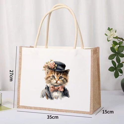 Sac shopping en toile de jute  collection chat victorien steampunk,