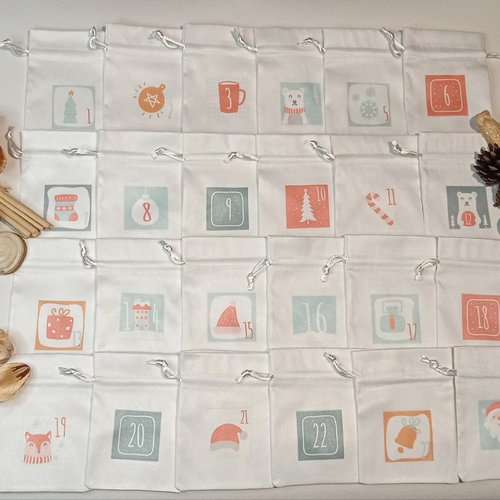 Lot de 24 pochons en tissu numérotés pour calendrier de l'avent thème boho .calendrier de l'avent éternel. pochon cadeaux