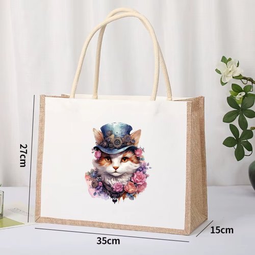 Sac courses en toile de jute  collection chat victorien steampunk vintage victorien