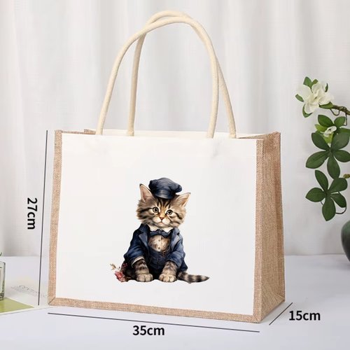Sac courses en toile de jute  collection chat victorien steampunk vintage victorien