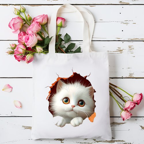 Sac fourre-tout en toile de coton blanc pour les amoureux des chats. sac à main, tote bag chaton