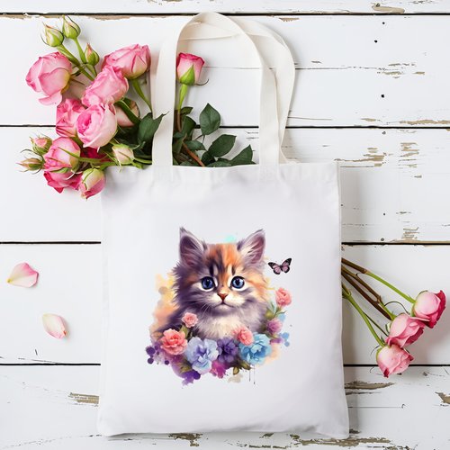 Sac fourre-tout en toile de coton blanc pour les amoureux des chats. sac à main, tote bag chaton