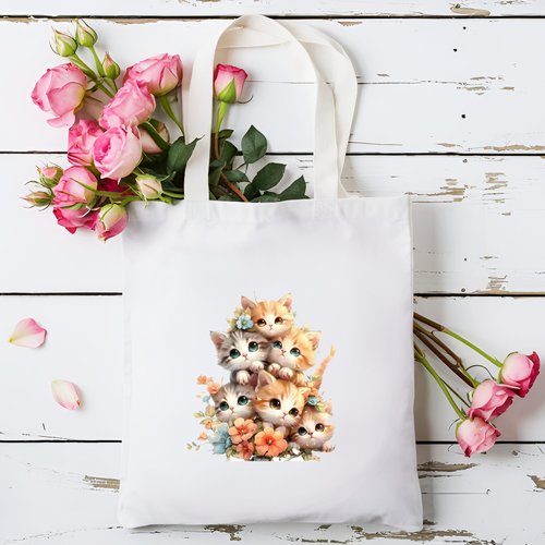 Sac fourre-tout en toile de coton blanc pour les amoureux des chats. sac à main, tote bag chaton