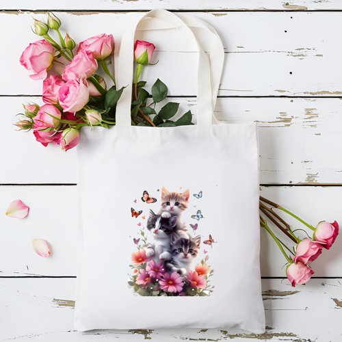 Sac fourre-tout en toile de coton blanc pour les amoureux des chats. sac à main, tote bag chaton