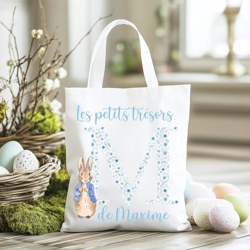 Tote bag enfant sac lapin vintage et initiale du prénom pour la maternelle l'école crèche piscine plage
