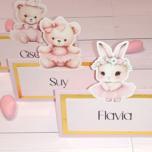 Lot de 5 marque place ourson, lapine rose et or avec impression des prénoms de vos invités