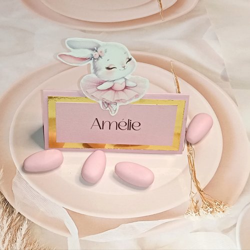 Lot de 5 marque place ourson, lapine vieux rose et or avec impression des prénoms de vos invités