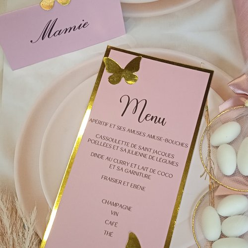 Menu personnalisé pour  baptême thème papillon dorée, champêtre chic, nature