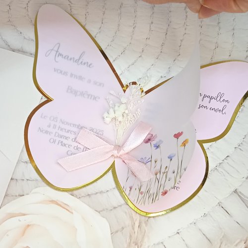 Faire-part baptême – papillon rose, fleurs sauvages et fleurs séchées