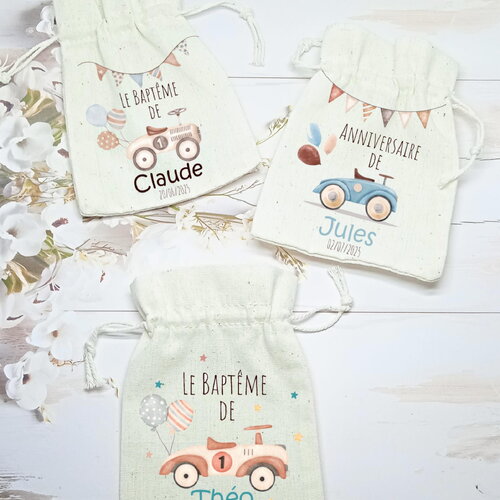 Pochon à dragées en coton écru naturel sur le thème voiture vintage personnalisé : 4 modèles au choix