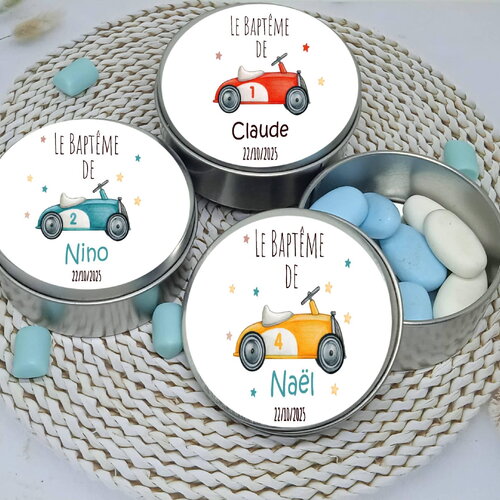 Boite à dragées en métal argenté personnalisée sur le thème voiture de course vintage bébé. cadeaux invités:3 modèles di