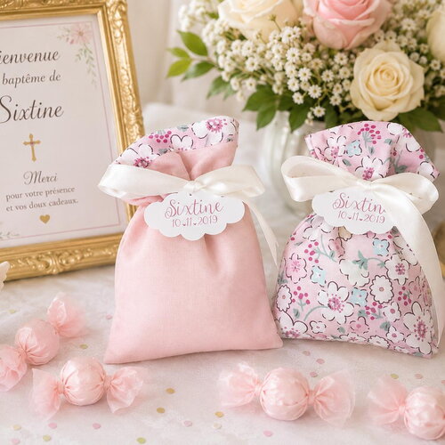 Lot de 2 pochons ballotins à dragées rose  et liberty personnalisés