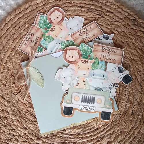 Faire-part savane, animaux de la jungle, safari avec enveloppe vert or comprise