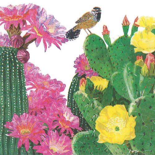 Serviette papier petit oiseau dans les cactus