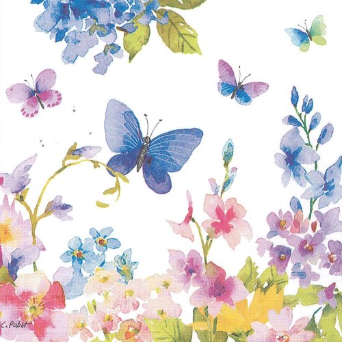 Serviette papier fleur pastel papillon et hortensia