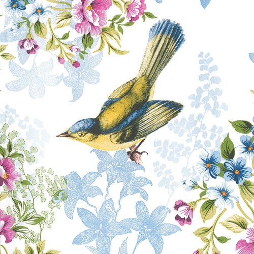 Serviette papier joli petit oiseau jaune et bleu dans les fleurs