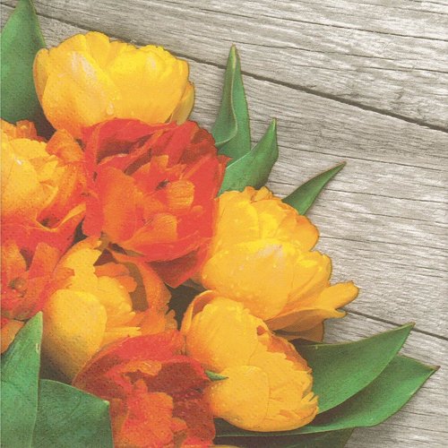 Serviette papier bouquet de tulipes jaune orange