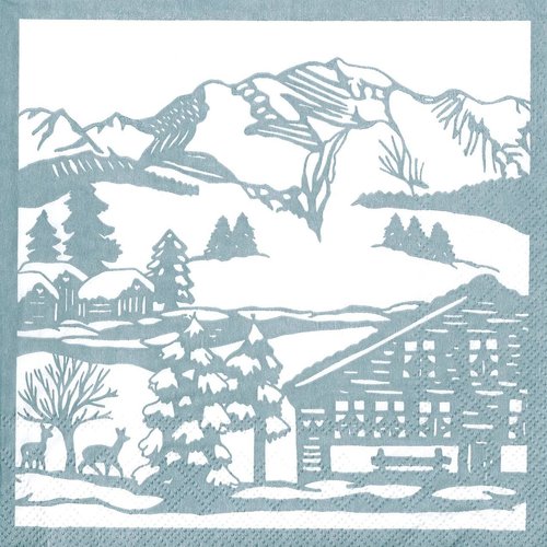 Serviette papier chalet paysage de neige montagne argent et blanc